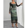 image:imageGORGLITTER Womens Tie Dye Mesh Bodycon Maxi Dress Long Sleeve Square Neck Sheer Party Fall Trendy Long Dresses 2025Green Multicolor