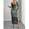 image:imageGORGLITTER Womens Tie Dye Mesh Bodycon Maxi Dress Long Sleeve Square Neck Sheer Party Fall Trendy Long Dresses 2025Green Multicolor