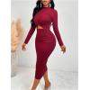 image:imageGORGLITTER Womens Wrap Ruched Drop Waist Dresses Fall Elegant Casual Long Sleeve Mock Neck Cut Out Cocktail Midi DressBurgundy