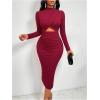 image:imageGORGLITTER Womens Wrap Ruched Drop Waist Dresses Fall Elegant Casual Long Sleeve Mock Neck Cut Out Cocktail Midi DressBurgundy