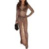 image:imageGORGLITTER Womens Cheetah Print Boho Maxi Dress Long Sleeve Sheer Mesh Sexy Cocktail Wedding Long DressesMocha Brown