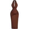 image:imageGORGLITTER Womens Cowl Neck Bodycon Midi Dresses Halter Sleeveless Twist Front Open Back Pencil Cocktail Birthday DressesBrown