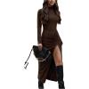 image:imageGORGLITTER Womens Drop Cinched Waist Maxi Dress Casual Cocktail Long Sleeve Mock Neck Ruched Split Going Out DressesBrown