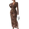 image:imageGORGLITTER Womens Floral Bodycon Midi Dress Long Sleeve V Neck Party Formal Prom Wedding Guest Cocktail Maxi DressesBrown