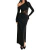 image:imageGORGLITTER Womens Lace Asymmetrical Neck Patchwork Maxi Dresses Fall One Shoulder Long Sleeve Vegas Dinner Club DressBlack
