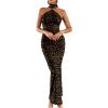 image:imageGORGLITTER Womens Leopard Print Halter Maxi Dress Sleeveless Wedding Guest Bodycon Rave Long DressesBlack and Brown