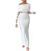 image:imageGORGLITTER Womens Long Sleeve Lace Off Shoulder Bodycon Dress Ruched Wedding Guest Bridesmaid Cocktail Maxi DressesWhite