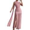 image:imageGORGLITTER Womens Mesh Sheer Halter Maxi Dress Birthday Wedding Guest Dress Ruched Backless Slit Prom Cocktail DressesPink