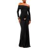 image:imageGORGLITTER Womens Off The Shoulder Cocktail Bodycon Maxi Dress Long Sleeve Ruched Metal Pencil Formal Prom Long DressesBlack