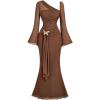 image:imageGORGLITTER Womens Ruched Long Sleeve Maxi Dress Sexy Mesh One Shoulder Asymmetrical Fishtail Birthday Dinner DressesBrown