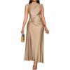 image:imageGORGLITTER Womens Ruched Maxi Dress Birthday Wedding Guest Cocktail Prom Dress Metal Boat Neck Wrap Sleeveless DressesKhaki