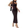 image:imageGORGLITTER Womens Ruched Sleeveless One Shoulder Dress Bodycon Formal Party Evening Maxi Dresses with ScarfChocolate Brown