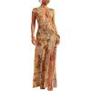 image:imageGORGLITTER Womens Summer Beach Vacation Animal Print Dress Mock Neck Cut Out Slit Chiffon Dinner Birthday Maxi DressBrown