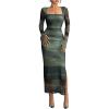 image:imageGORGLITTER Womens Tie Dye Mesh Bodycon Maxi Dress Long Sleeve Square Neck Sheer Party Fall Trendy Long Dresses 2025Green Multicolor
