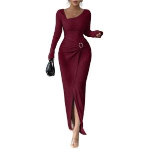 image:imageGORGLITTER Womens Birthday Wrap Asymmetrical Bodycon Midi Dress Neck Long Sleeve Side Slit Elegant Pencil Maxi DressesBurgundy