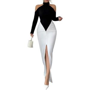 image:imageGORGLITTER Womens Cold Shoulder Ruched Long Sleeve Maxi Dress Fall Cocktail Birthday Formal Drop Waist Slimming DressBlack and White