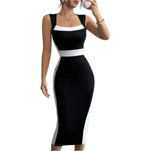 image:imageGORGLITTER Womens Color Block Sleeveless Bodycon Midi Dress Square Neck Business Casual Summer Tank Dresses 2025Black