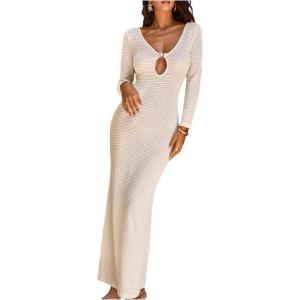 image:imageGORGLITTER Womens Crochet Long Swimsuit Cover Up Dress Metal Long Sleeve Beach Bikini Bathing Suit Coverups SwimwearApricot