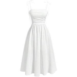 image:imageGORGLITTER Womens Elegant Vacation Wedding Ruched Midi Swing Dress Spaghetti Strap Tie Up High Waist ALine Cami DressWhite