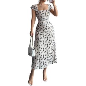 image:imageGORGLITTER Womens Floral Bodycon Maxi Dress Elegant Summer Mesh Off The Shoulder Ruched Split Wedding Guest DressesWhite