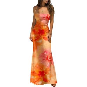 image:imageGORGLITTER Womens Floral Boho Maxi Dress Sexy Backless Lace Up Sleeveless Summer Birthday Cocktail 90s Long DressesOrange Floral