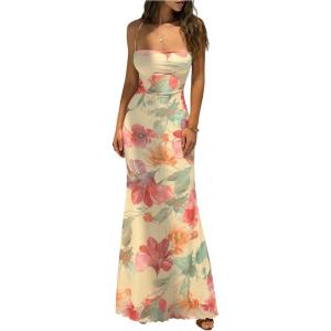 image:imageGORGLITTER Womens Floral Boho Maxi Dress Sexy Backless Lace Up Sleeveless Summer Birthday Cocktail 90s Long DressesYellow