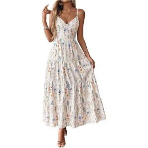 image:imageGORGLITTER Womens Floral Boho Maxi Dress Tiered Ruffle Spaghetti Strap Casual Summer Vacation Long DressesApricot