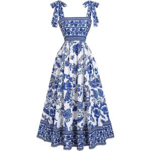 image:imageGORGLITTER Womens Floral Bow Tie Shoulder Maxi Dress Smocked Tiered Ruffle Sundress Boho Casual Beach Long DressesBlue