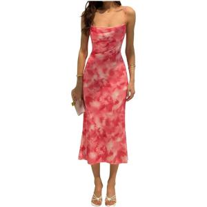 image:imageGORGLITTER Womens Floral Midi Dress Summer Bodycon Boho Mesh Sleeveless Bridal Cocktail Wedding Guest Cami Sun DressPink Multicolor