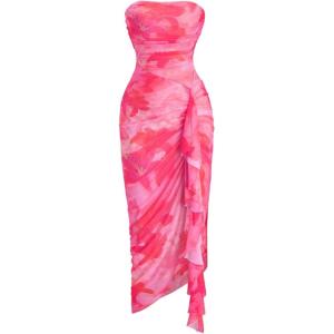 image:imageGORGLITTER Womens Floral Print Strapless Bodycon Tube Top Dress Sleeveless Summer Wedding Guest Cocktail SundressesHot Pink
