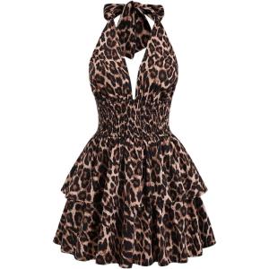 image:imageGORGLITTER Womens Leopard Print Mini Dress Cheetah Y2k Backless Deep V Neck Ruffle Halter Dresses Going Out OutfitsBrown