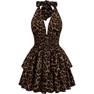 image:imageGORGLITTER Womens Leopard Print Mini Dress Cheetah Y2k Backless Deep V Neck Ruffle Halter Dresses Going Out OutfitsBrown1