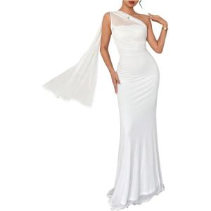 image:imageGORGLITTER Womens One Shoulder Mesh Bodycon Maxi Dress Sexy Prom Formal Sleeveless Bridesmaid Wedding Guest DressesWhite