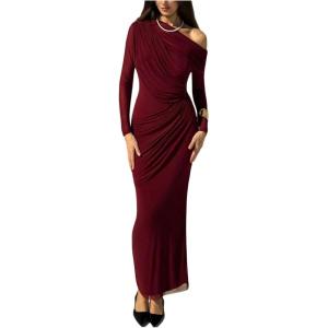 image:imageGORGLITTER Womens One Shoulder Ruched Maxi Dress Elegant Long Sleeve Asymmetrical Cocktail Graduation Formal DressesBurgundy