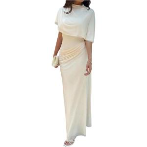 image:imageGORGLITTER Womens Ruched Draped Going Out Bodycon Maxi Dress Sheer Mock Neck Cape Elegant Classy Wedding Guest DressesApricot