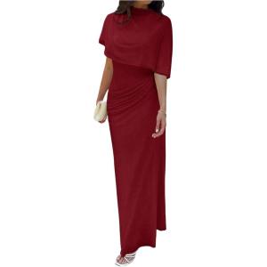 image:imageGORGLITTER Womens Ruched Draped Going Out Bodycon Maxi Dress Sheer Mock Neck Cape Elegant Classy Wedding Guest DressesRed