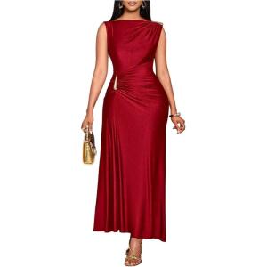 image:imageGORGLITTER Womens Ruched Maxi Dress Birthday Wedding Guest Cocktail Prom Dress Metal Boat Neck Wrap Sleeveless DressesBurgundy
