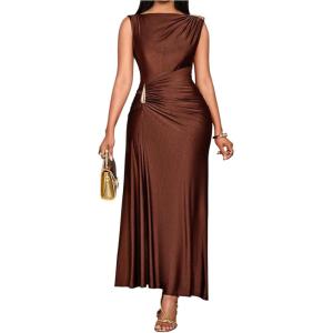 image:imageGORGLITTER Womens Ruched Maxi Dress Birthday Wedding Guest Cocktail Prom Dress Metal Boat Neck Wrap Sleeveless DressesCoffee