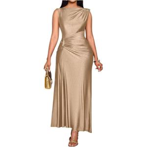 image:imageGORGLITTER Womens Ruched Maxi Dress Birthday Wedding Guest Cocktail Prom Dress Metal Boat Neck Wrap Sleeveless DressesKhaki