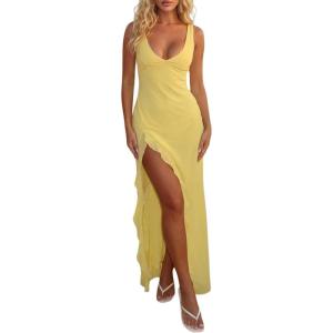 image:imageGORGLITTER Womens Ruffle Cocktail Maxi Dresses Split V Neck Sleeveless Wedding Guest Bodycon Birthday Party Long Dress 2026Yellow