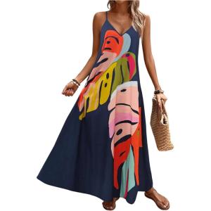 image:imageGORGLITTER Womens Sleeveless V Neck Oversized Maxi Long Dress Boho Bump Friendly Graphic Casual Beach Flowy Sun DressBlue