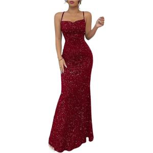 image:imageGORGLITTER Womens Sparkly Maxi Dress Wedding Guest Formal Cocktail Party Backless Cowl Neck Long Bodycon DressesRed