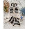 image:imageGORGLITTER Womens Crochet Sets Beach Vacation Hawaiian 2 Piece Going Out Outfits Striped Tie Front Top and Shorts SetBlack and White