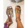image:imageGORGLITTER Womens Sparkly Summer Sandals 2026 Rhinestone Bling Rainbow Square Toe Wedding Flats Slides ShoesBrown Rainbow