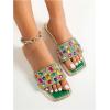 image:imageGORGLITTER Womens Sparkly Summer Sandals 2026 Rhinestone Bling Rainbow Square Toe Wedding Flats Slides ShoesGreen Colorful