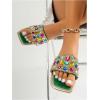 image:imageGORGLITTER Womens Sparkly Summer Sandals 2026 Rhinestone Bling Rainbow Square Toe Wedding Flats Slides ShoesGreen Colorful