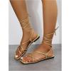 image:imageGORGLITTER Womens Summer Strappy Beach Sandals Dressy Leather Lace Up Thong Gladiator Cute Vacation Sandals Shoes 2026Metallic