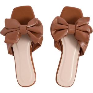 image:imageGORGLITTER Womens Bow Flat Sandals Dressy Square Open Toe Wedding Dress Summer 2026 Comfortable Slip On Slide SandalsBrown