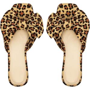 image:imageGORGLITTER Womens Bow Flat Sandals Dressy Square Open Toe Wedding Dress Summer 2026 Comfortable Slip On Slide SandalsBrown Leopard