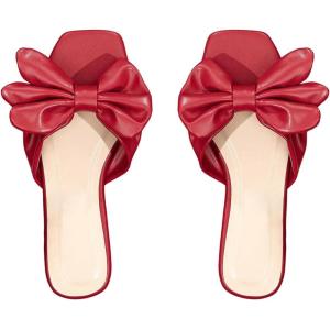 image:imageGORGLITTER Womens Bow Flat Sandals Dressy Square Open Toe Wedding Dress Summer 2026 Comfortable Slip On Slide SandalsBurgundy